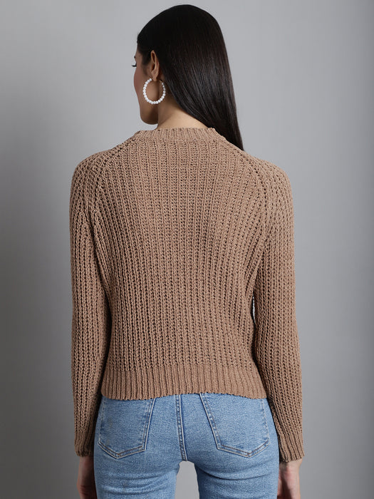 Women Brown Round neck Full Sleeve Woolen Sweater