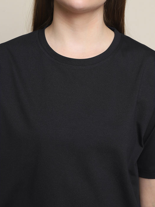 Women Black Solid Cotton Round Neck T-shirt