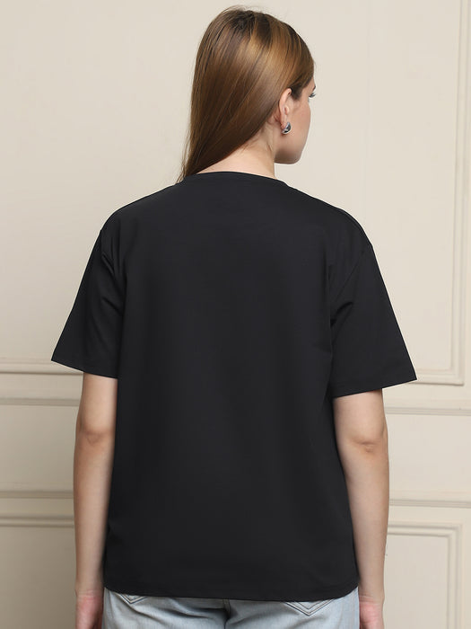 Women Black Solid Cotton Round Neck T-shirt