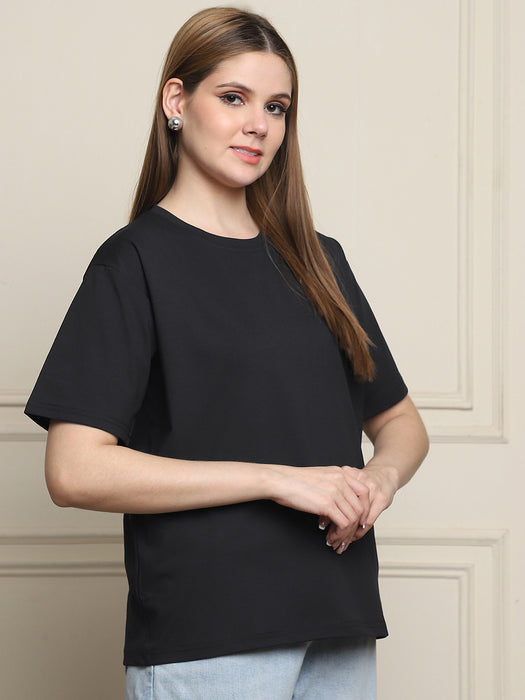 Women Black Solid Cotton Round Neck T-shirt