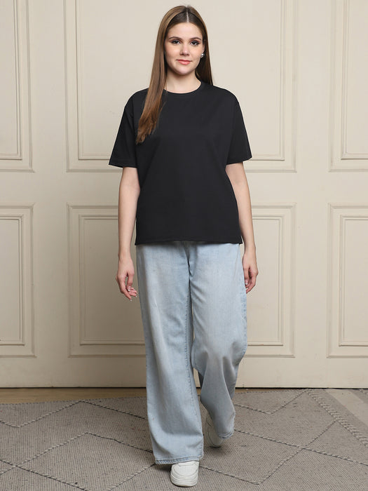 Women Black Solid Cotton Round Neck T-shirt