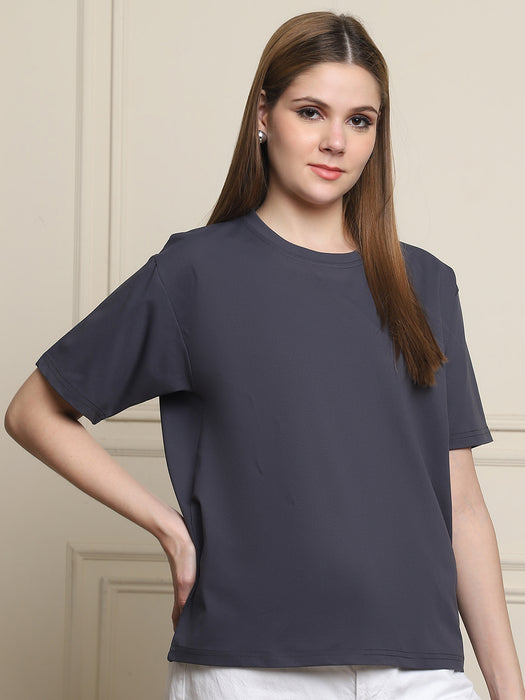 Women Grey Solid Cotton Round Neck T-shirt