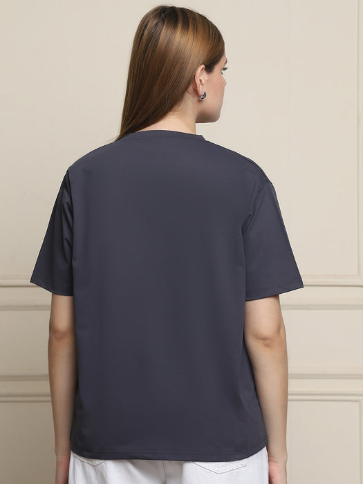 Women Grey Solid Cotton Round Neck T-shirt