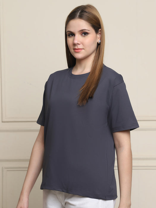 Women Grey Solid Cotton Round Neck T-shirt