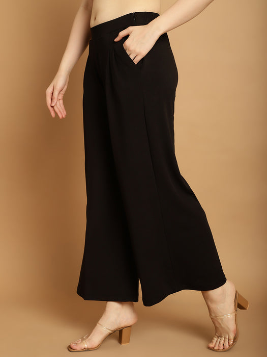 Women Black Casual Wear Crepe Wide Leg Trouser