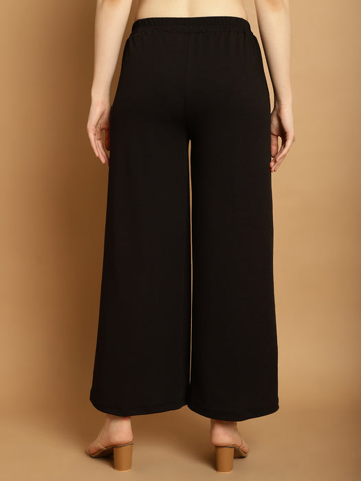 Women Black Casual Wear Crepe Wide Leg Trouser