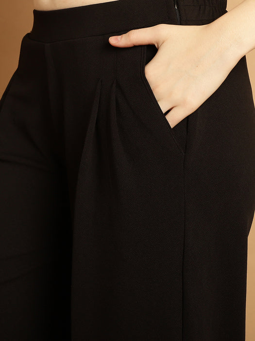 Women Black Casual Wear Crepe Wide Leg Trouser