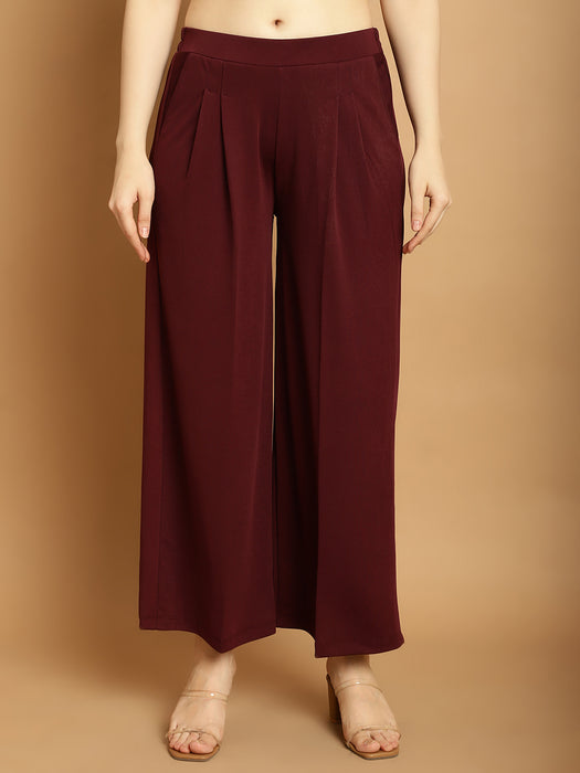 Women Maroon Casual Wear Crepe Wide Leg Trouser